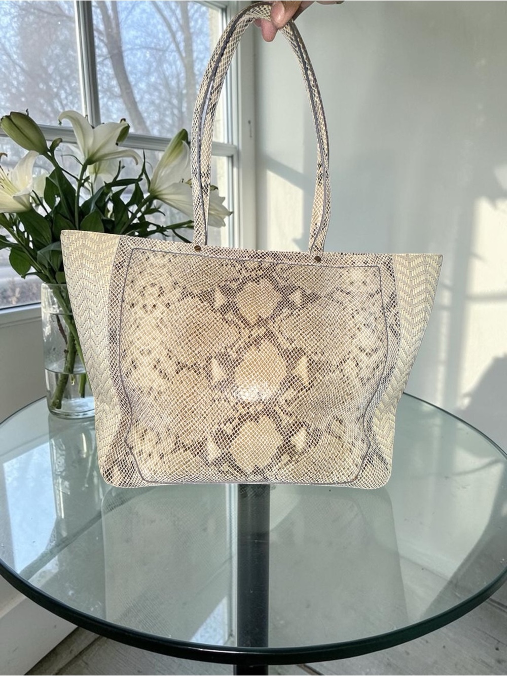 Tory Burch NWOT 797 Snake Skin and Raffia Open Tote - Picture 2 of 14